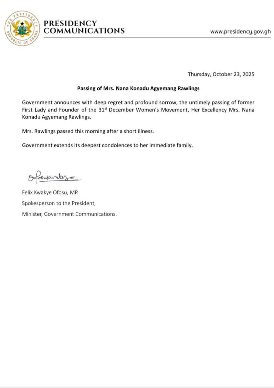 Government announces passing of former First Lady Nana Konadu Agyeman-Rawlings