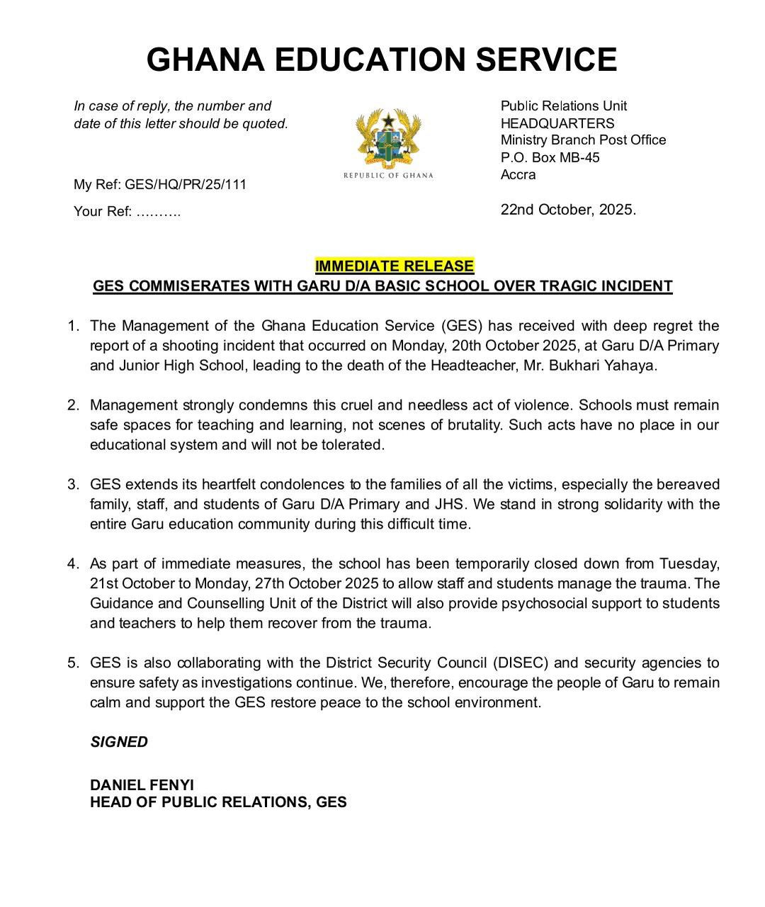 GES condemns shooting incident at Garu D/A School