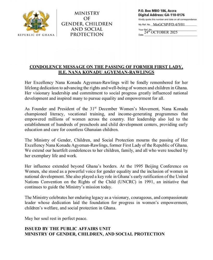 Gender Ministry mourns Nana Konadu Agyeman-Rawlings Gender Ministry mourns Nana Konadu Agyeman-Rawlings