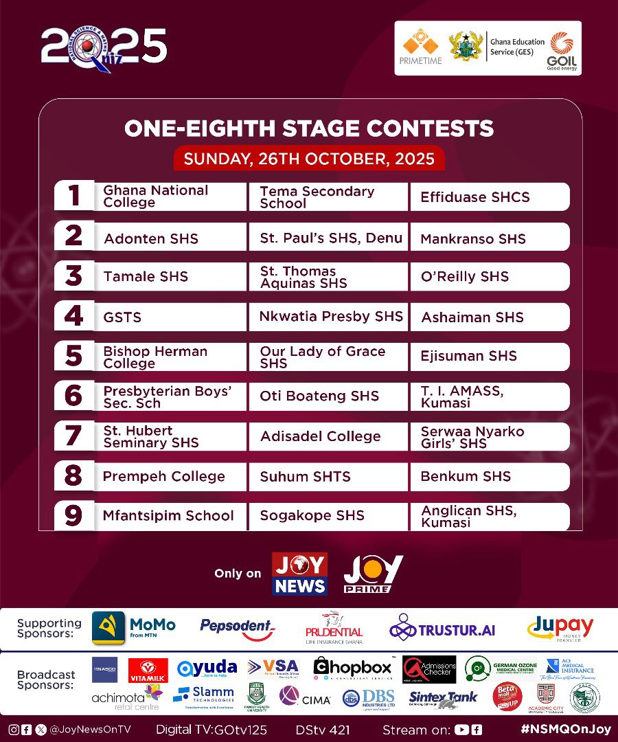 NSMQ 2025: 81 schools begin quest for glory as One-Eighth Stage commences today NSMQ 2025: 81 schools begin quest for glory as One-Eighth Stage commences today
