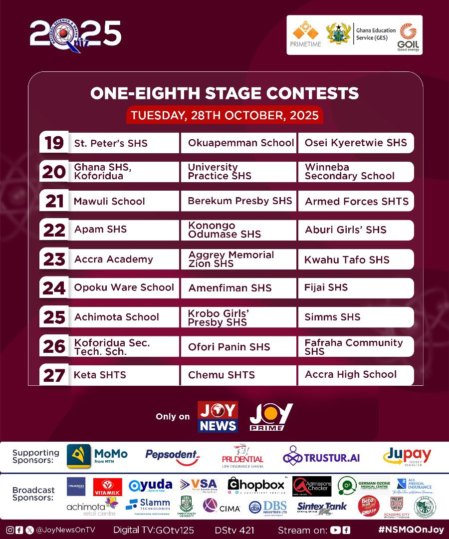NSMQ 2025: 81 schools begin quest for glory as One-Eighth Stage commences today NSMQ 2025: 81 schools begin quest for glory as One-Eighth Stage commences today