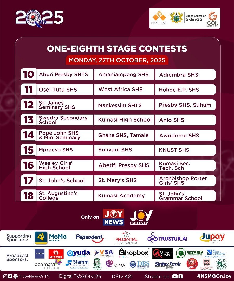 NSMQ 2025 One-Eighth Stage: Here’s the full list of 27 competing schools