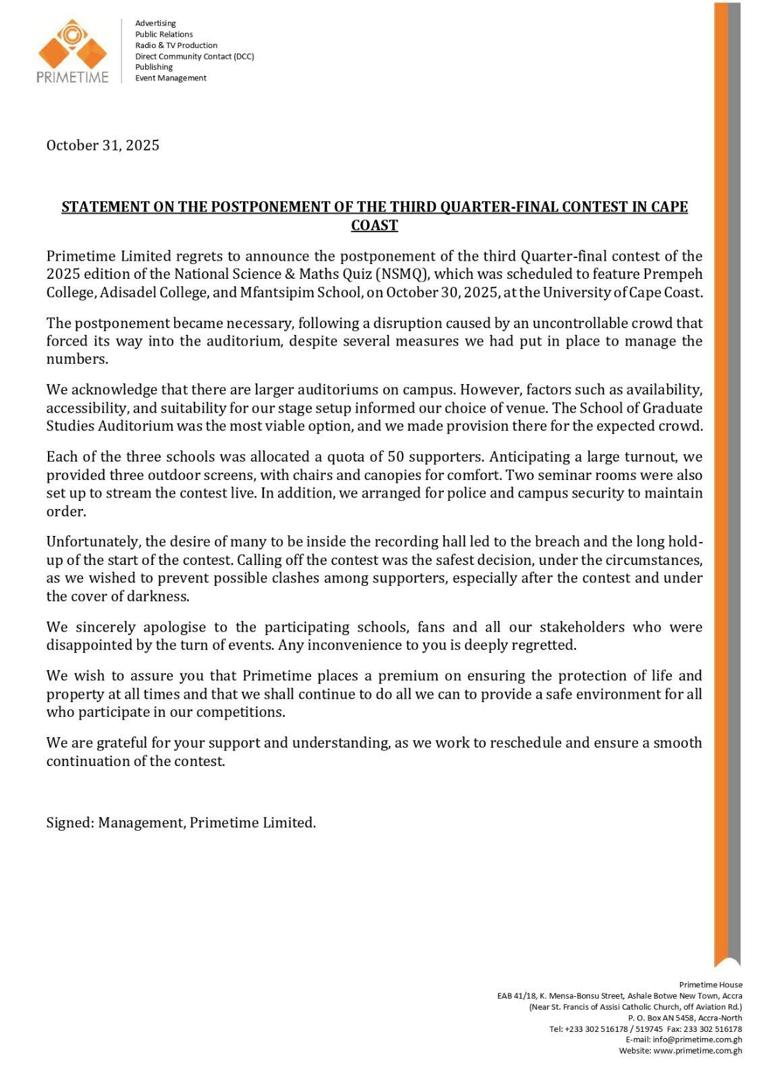 NSMQ 2025 third quarter-final contest postponed after crowd disruption - Primetime