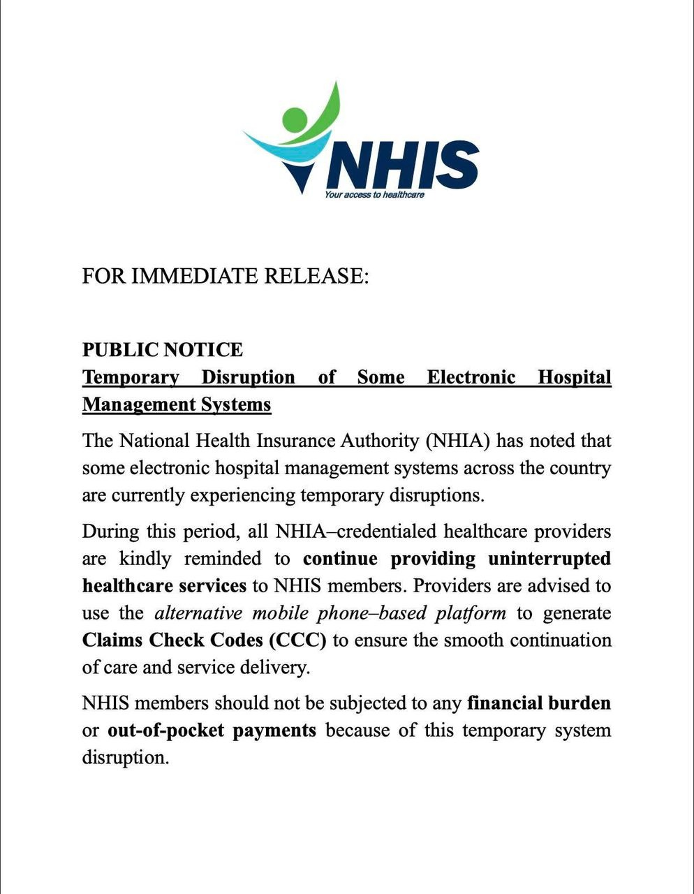 NHIA announces temporary disruption in electronic hospital management systems