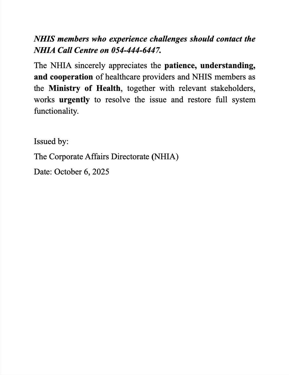NHIA announces temporary disruption in electronic hospital management systems