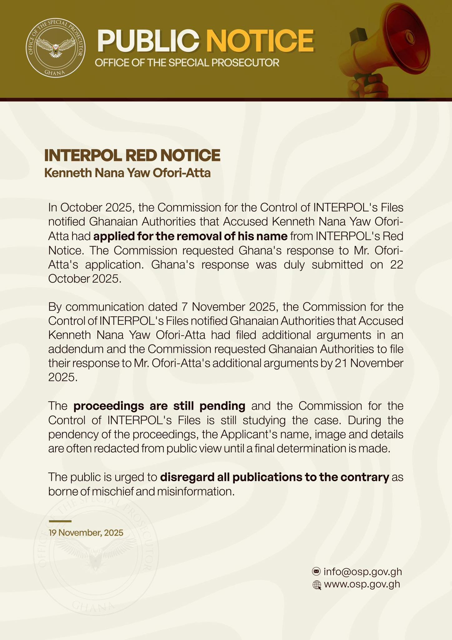 Ofori-Atta's case still before INTERPOL - OSP clarifies removal claims