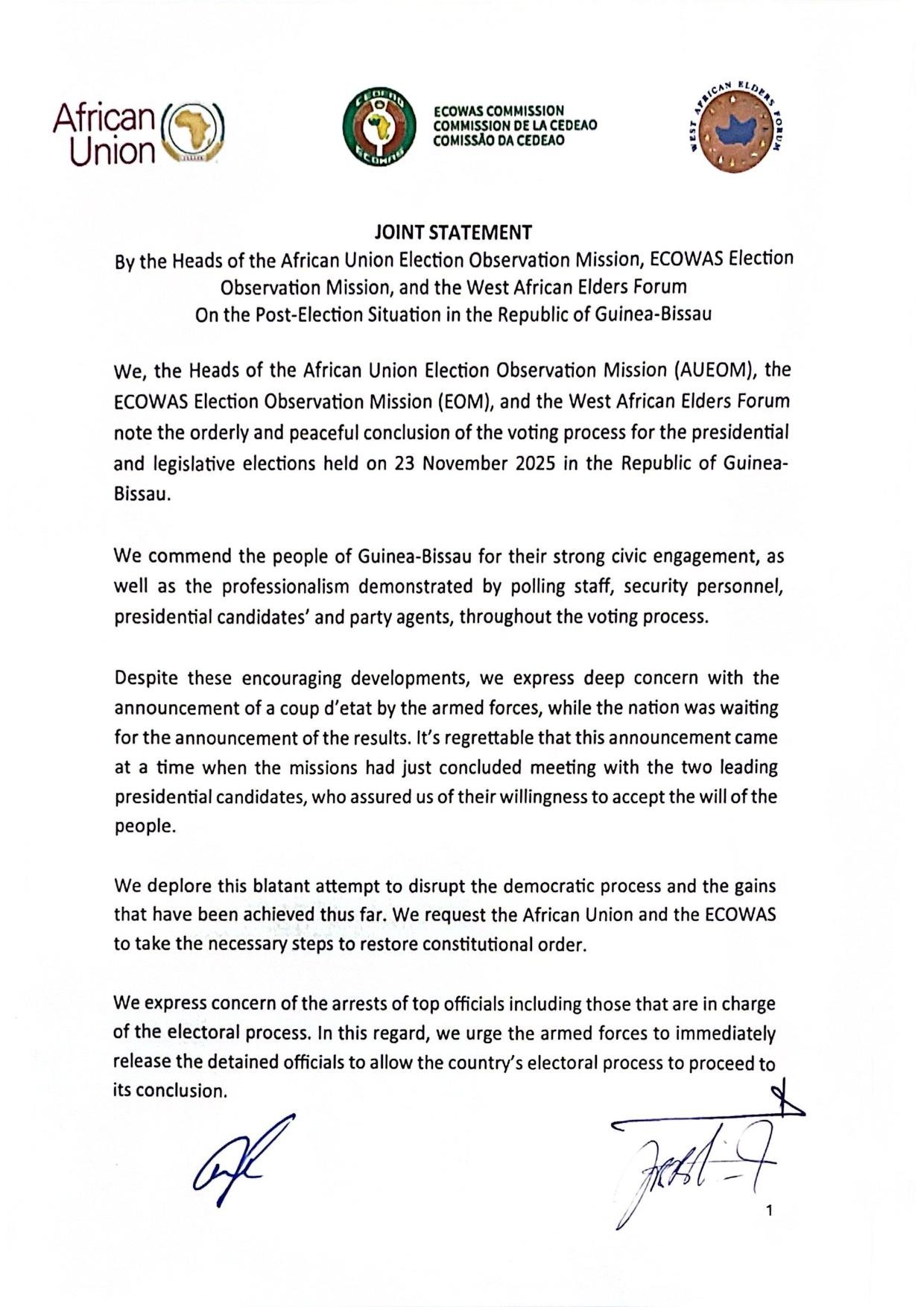 African Union, ECOWAS, and West African Elders condemn coup in Guinea-Bissau following elections