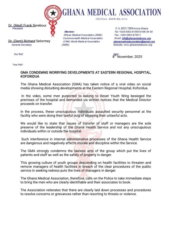 GMA condemns assault, threatens strike over youth siege at Koforidua Hospital