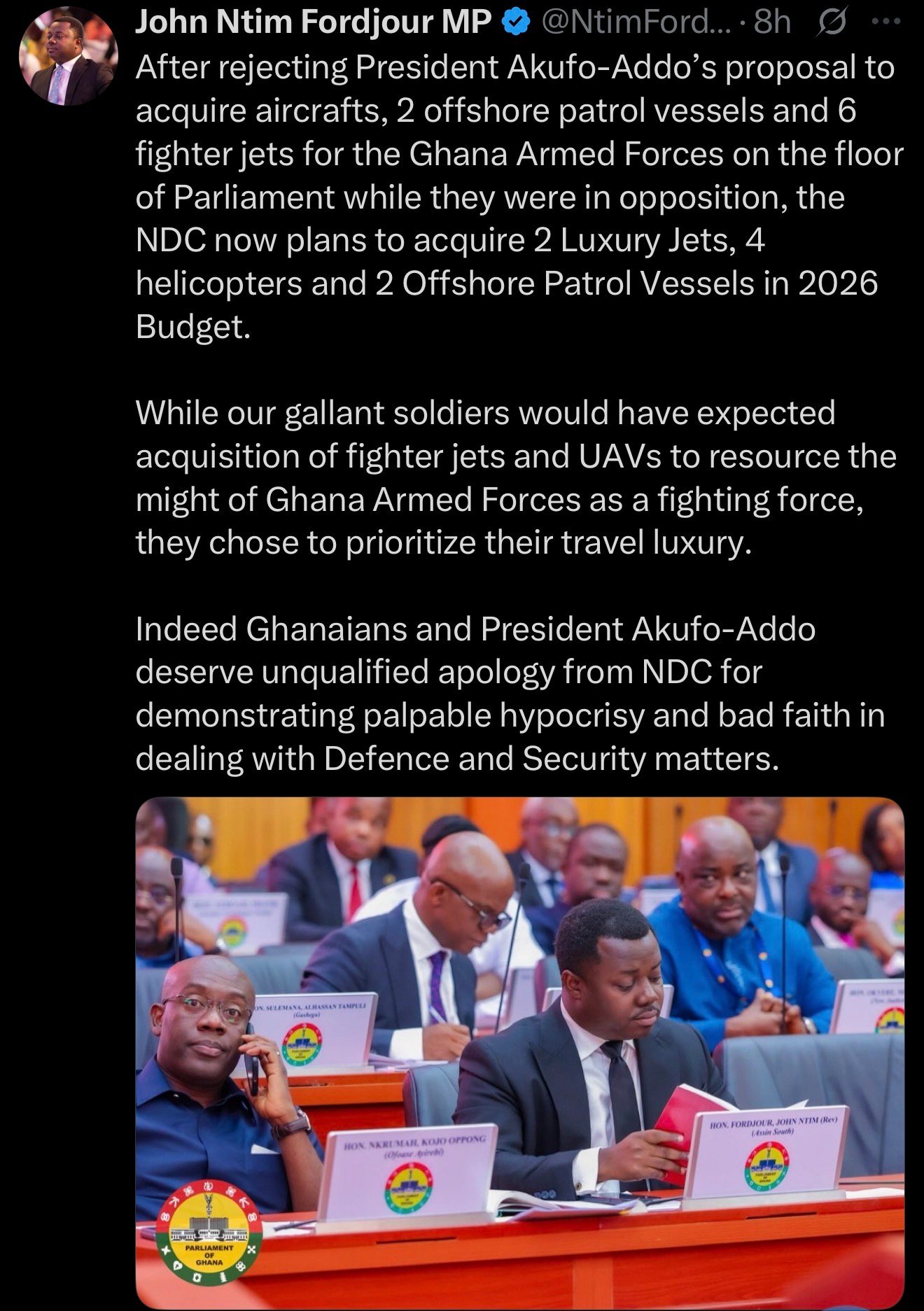 Ntim Fordjour accuses NDC govt of abandoning fighter jets for ‘luxury travel jets’ in 2026 budget