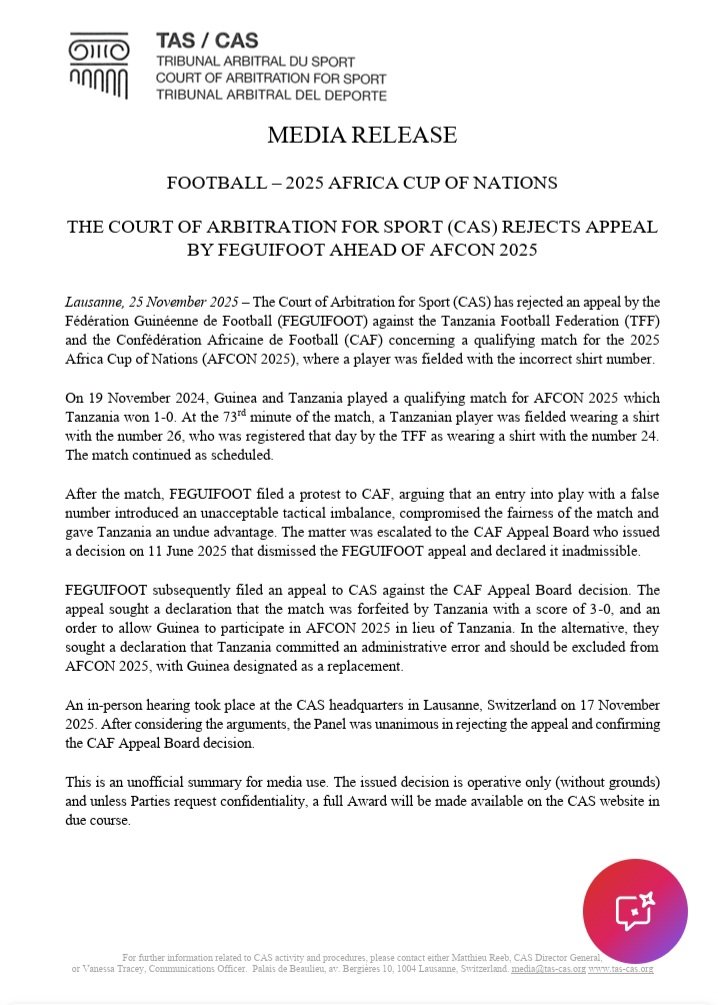 CAS rejects Guinea’s tactical-imbalance claim against Tanzania over jersey-number error in AFCON qualifier CAS rejects Guinea’s tactical-imbalance claim against Tanzania over jersey-number error in AFCON qualifier