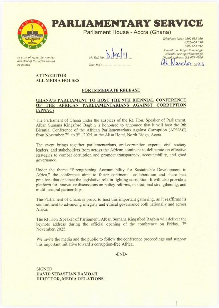 Parliament to host 9th Biennial African Parliamentarians Against Corruption conference in Accra