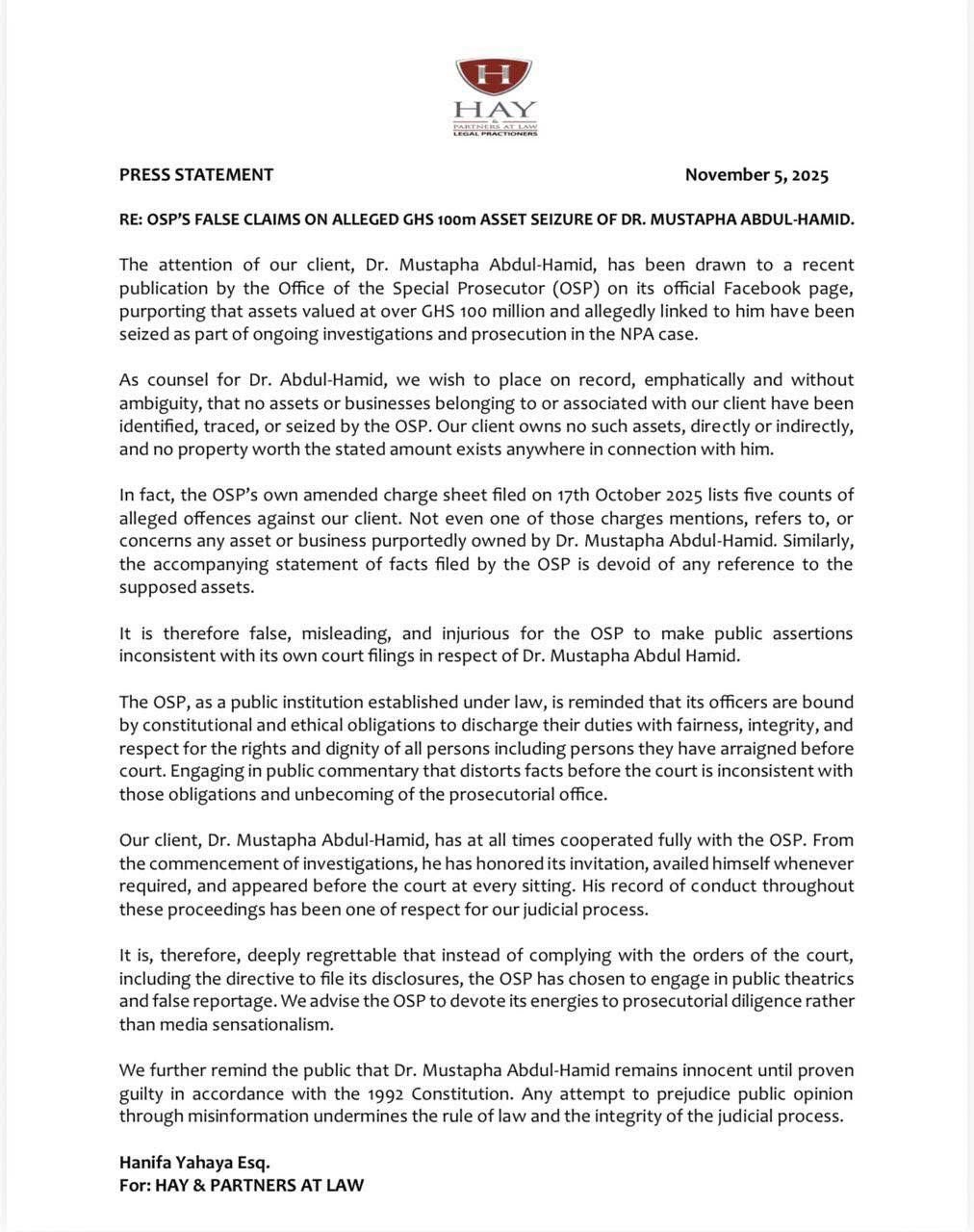 No assets or businesses of Mustapha Hamid have been seized by OSP – Lawyers clarify