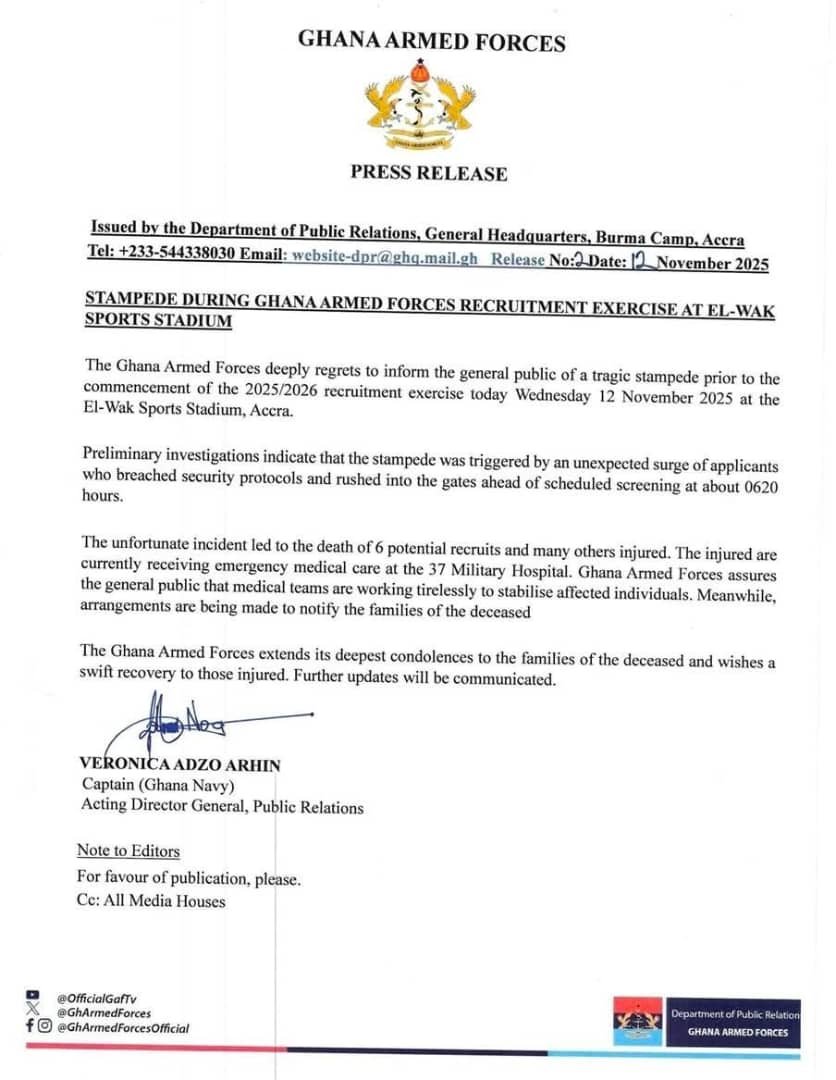 Six dead, several injured in stampede at Ghana Armed Forces recruitment exercise