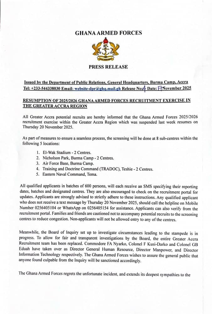 Commodore FA Nyarko, Col Beesi Eduah, and Col F Kusi-Darko appointed to lead GAF recruitment exercise in G. Accra