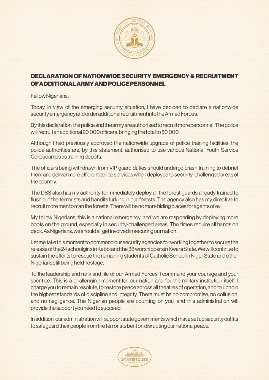 Nigeria declares nationwide security emergency, orders recruitment of additional army and police personnel