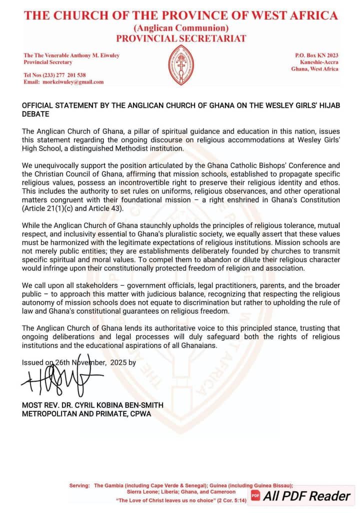 Anglican Church of Ghana backs mission schools’ right to uphold religious identity