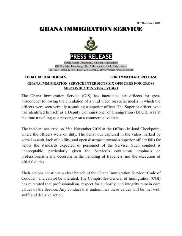 Ghana Immigration Service interdicts six officers over viral misconduct video
