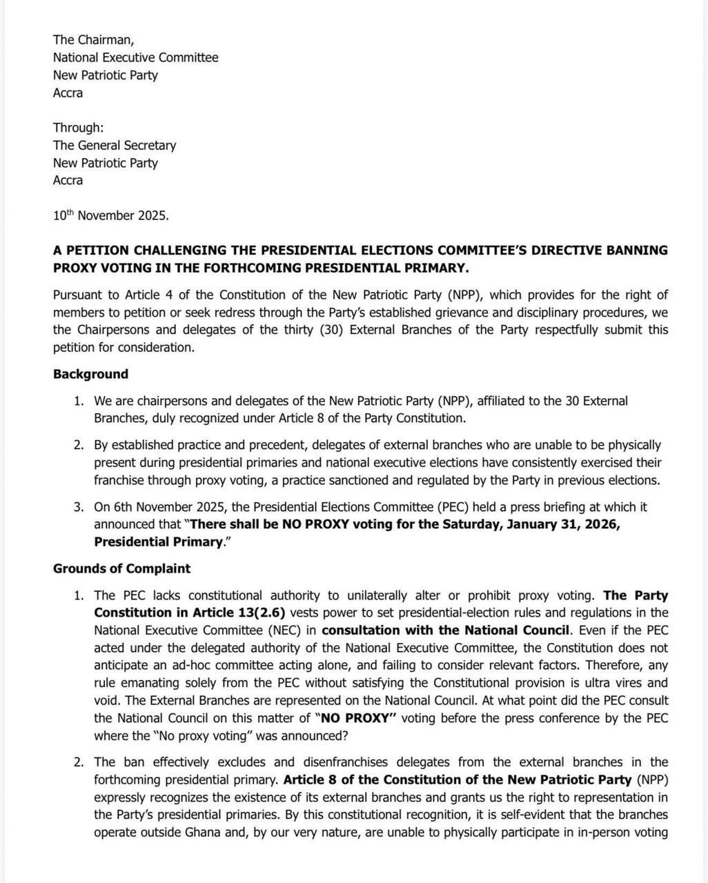 NPP external branch delegates petition party over ban on proxy voting