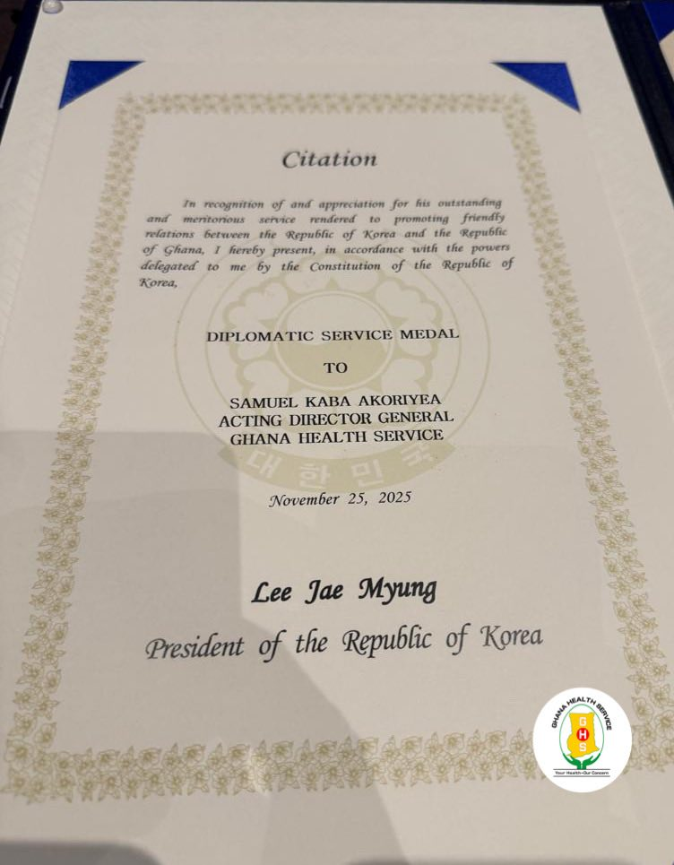 Ghana–Korea health collaboration deepens as Ag. DG of GHS receives Korea’s Diplomatic Service Medal Ghana–Korea health collaboration deepens as Ag. DG of GHS receives Korea’s Diplomatic Service Medal