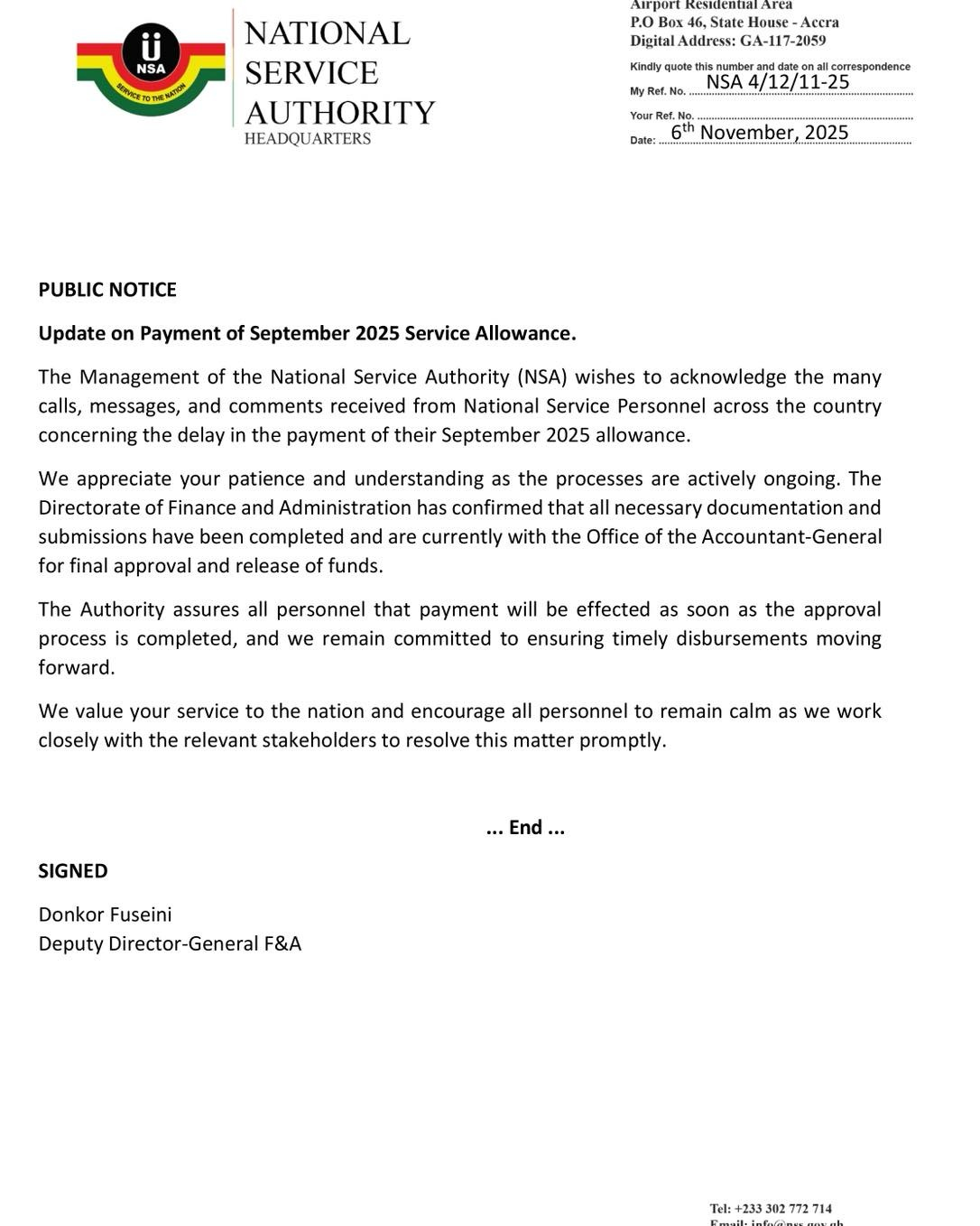 NSA acknowledges allowance delay, says funds await accountant-general’s approval