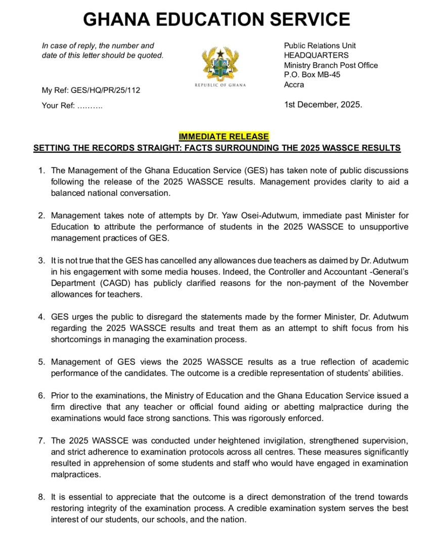 GES urges calm, dismisses misconceptions about candidates' performance in 2025 WASSCE