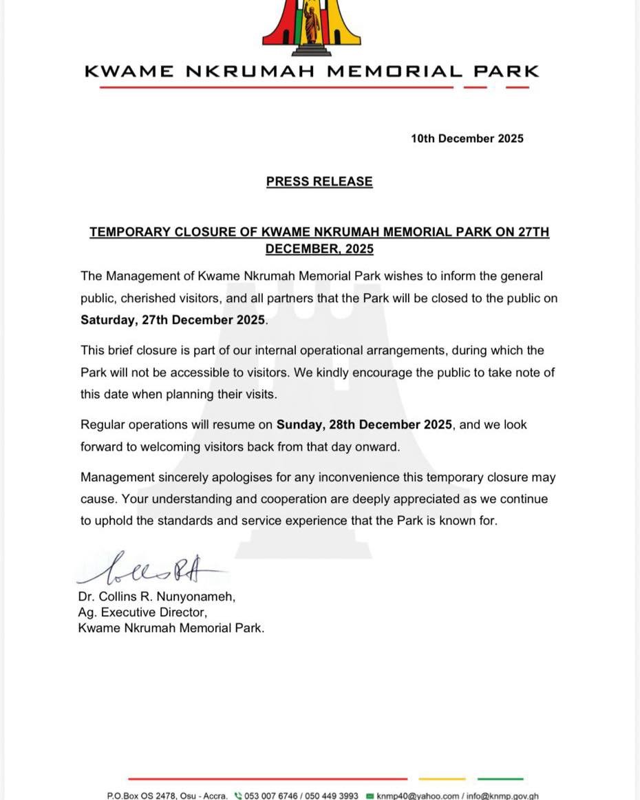 Kwame Nkrumah Memorial Park to be closed on December 27