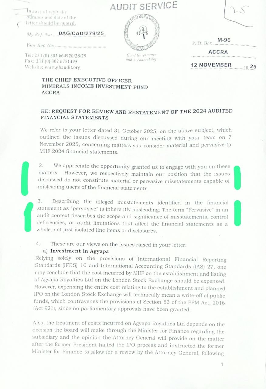 Audit Service rejects calls for restatement of MIIF 2024 financials; flags concerns over Agyapa