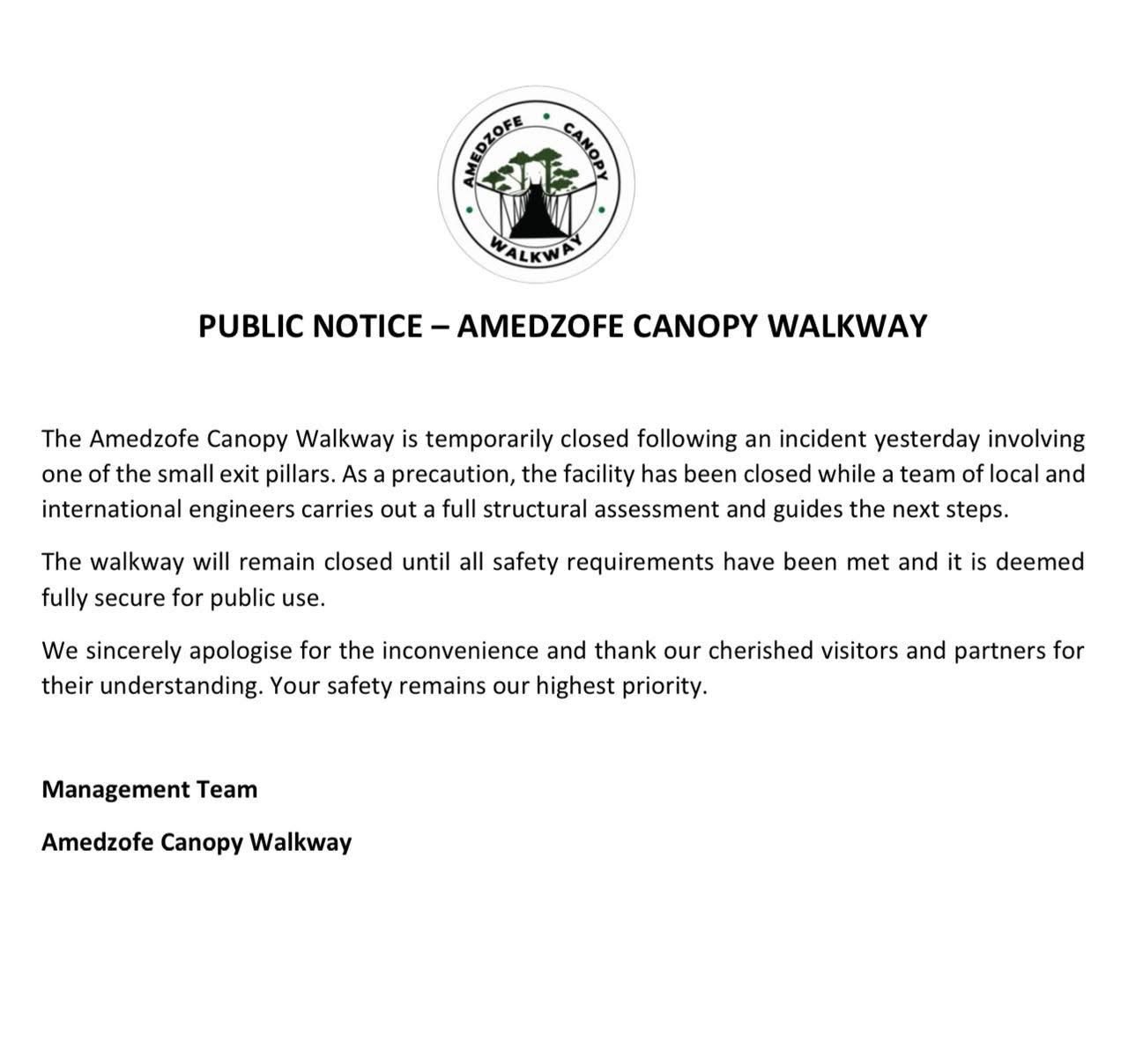 Amedzofe Canopy Walkway temporarily closed after structural incident