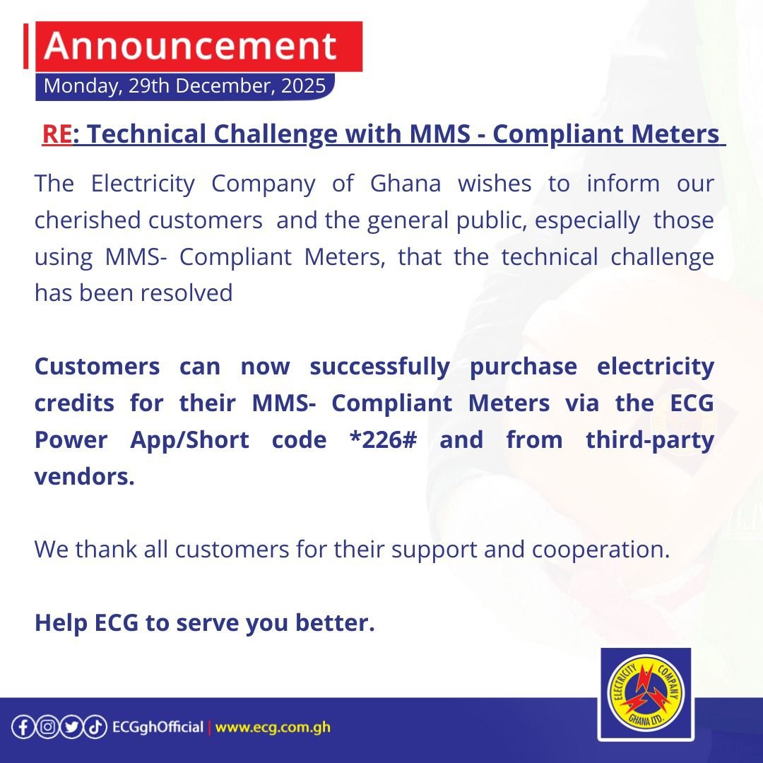 ECG restores electricity credit purchases for MMS-compliant meters