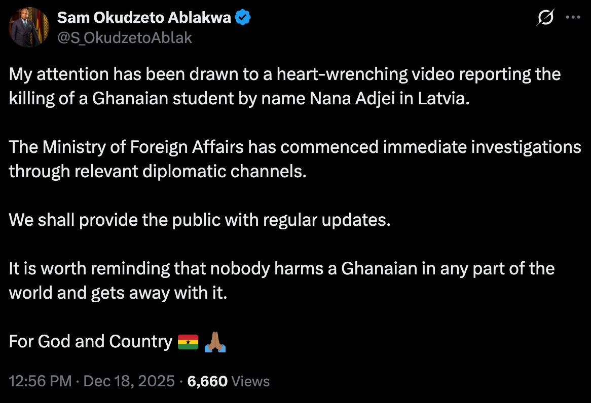 Foreign Affairs Ministry probes death of Ghanaian student in Latvia after family alleges foul play