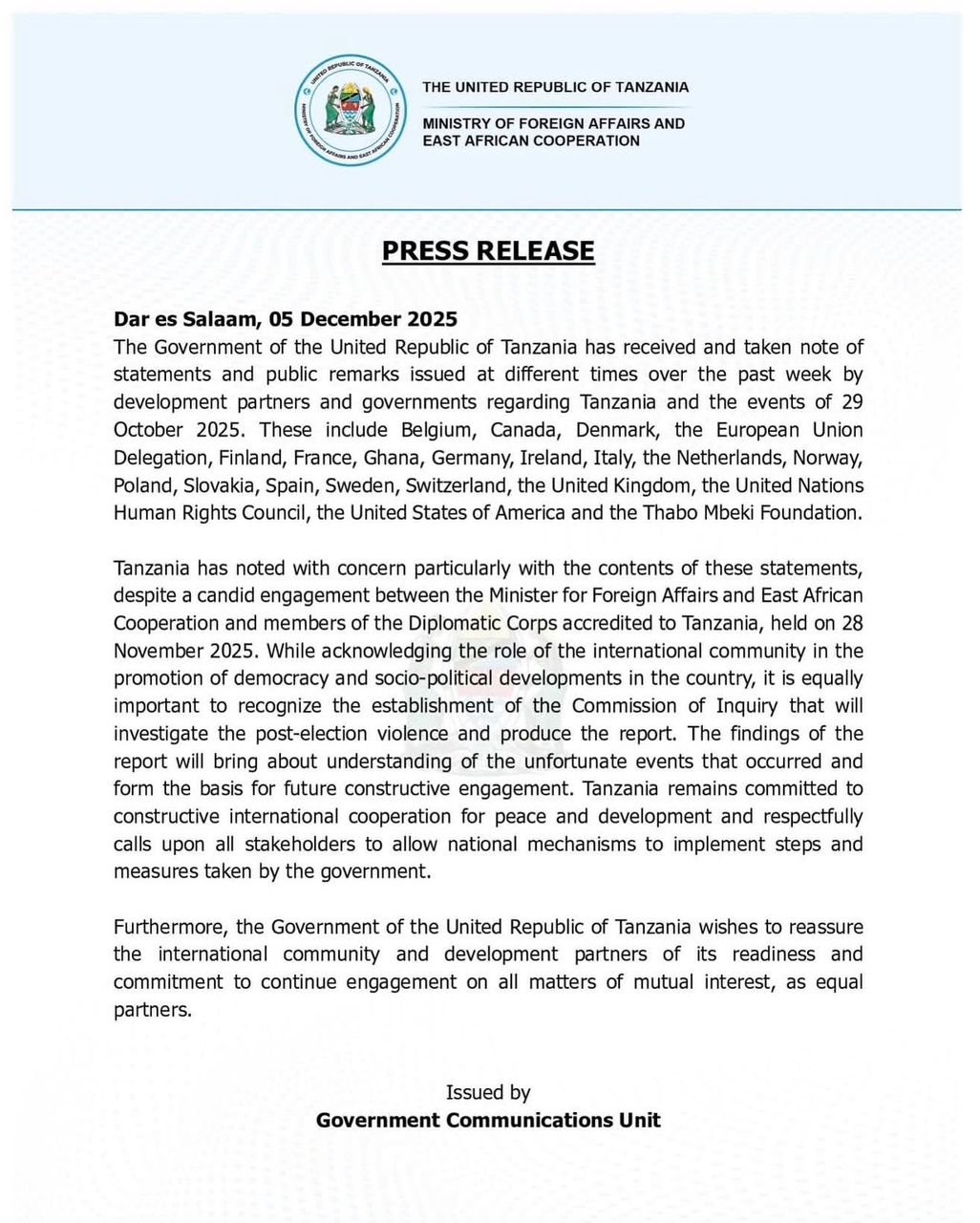 Tanzania responds to international criticism over October post-election events Tanzania responds to international criticism over October post-election events