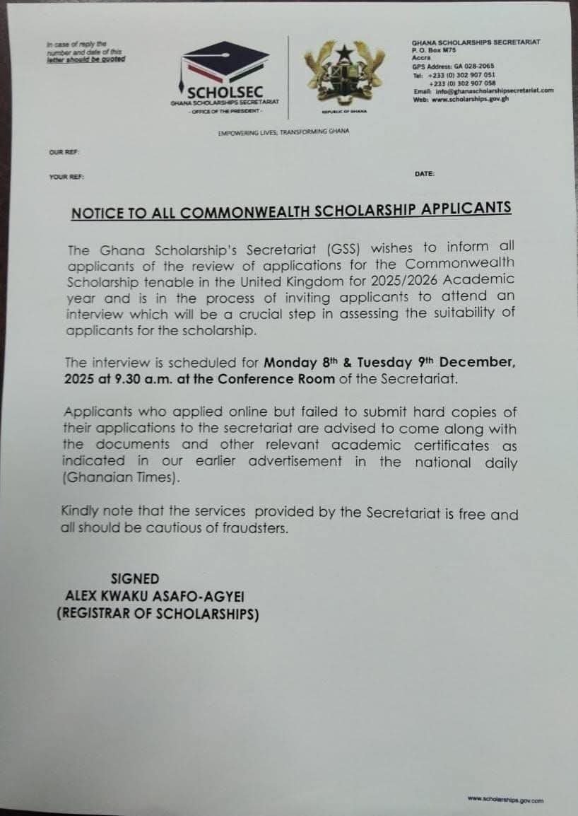 Ghana Scholarships Secretariat schedules Dec. 8 and 9 interviews for Commonwealth applicants Ghana Scholarships Secretariat schedules Dec. 8 and 9 interviews for Commonwealth applicants