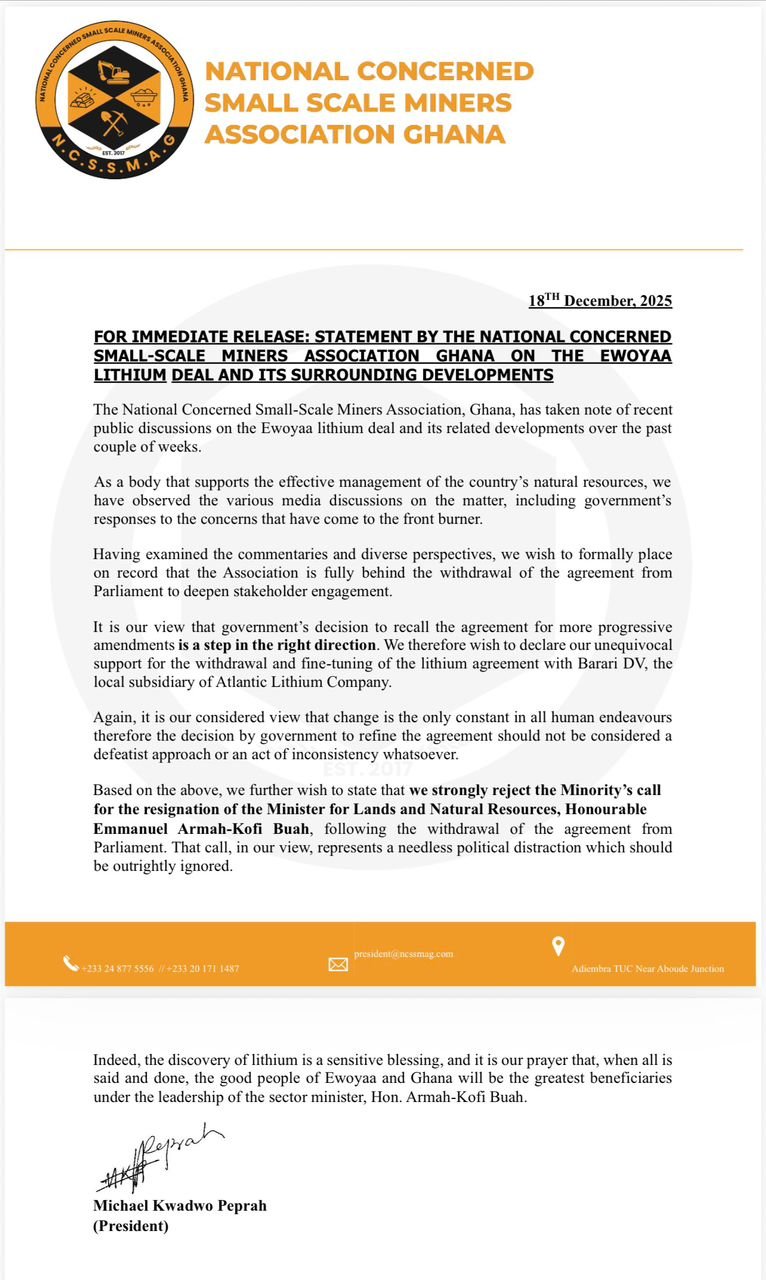 Small-Scale miners back gov’t on lithium deal withdrawal, reject calls for Buah’s resignation