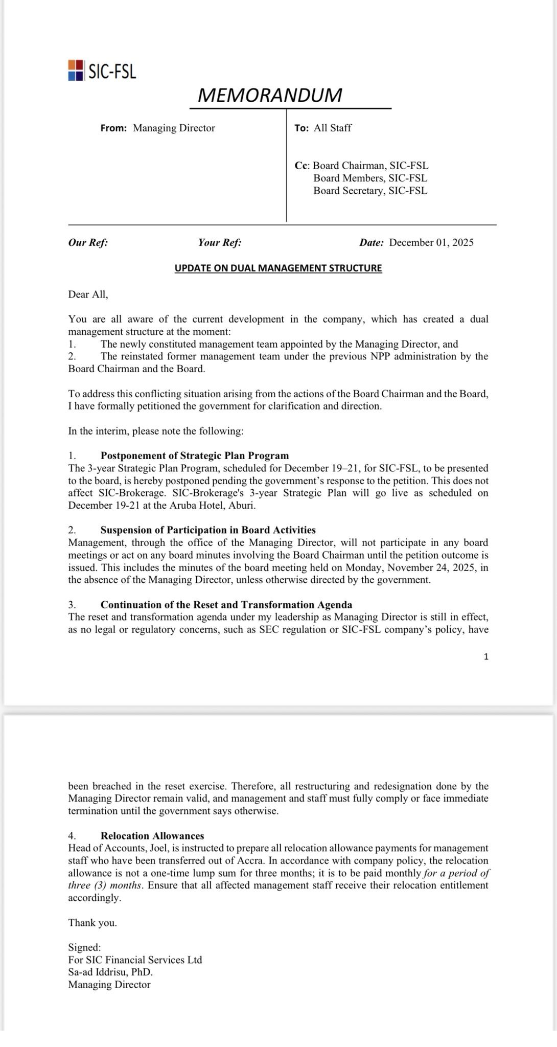 SIC-FSL MD petitions gov't over Board Chairman’s alleged obstruction of reset agenda