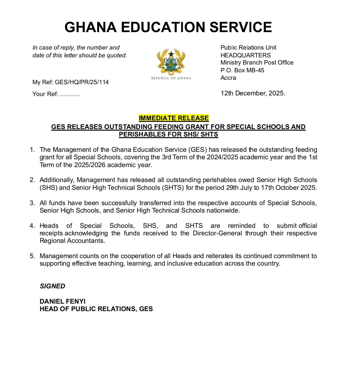 GES releases outstanding feeding grants for special schools and SHSs nationwide