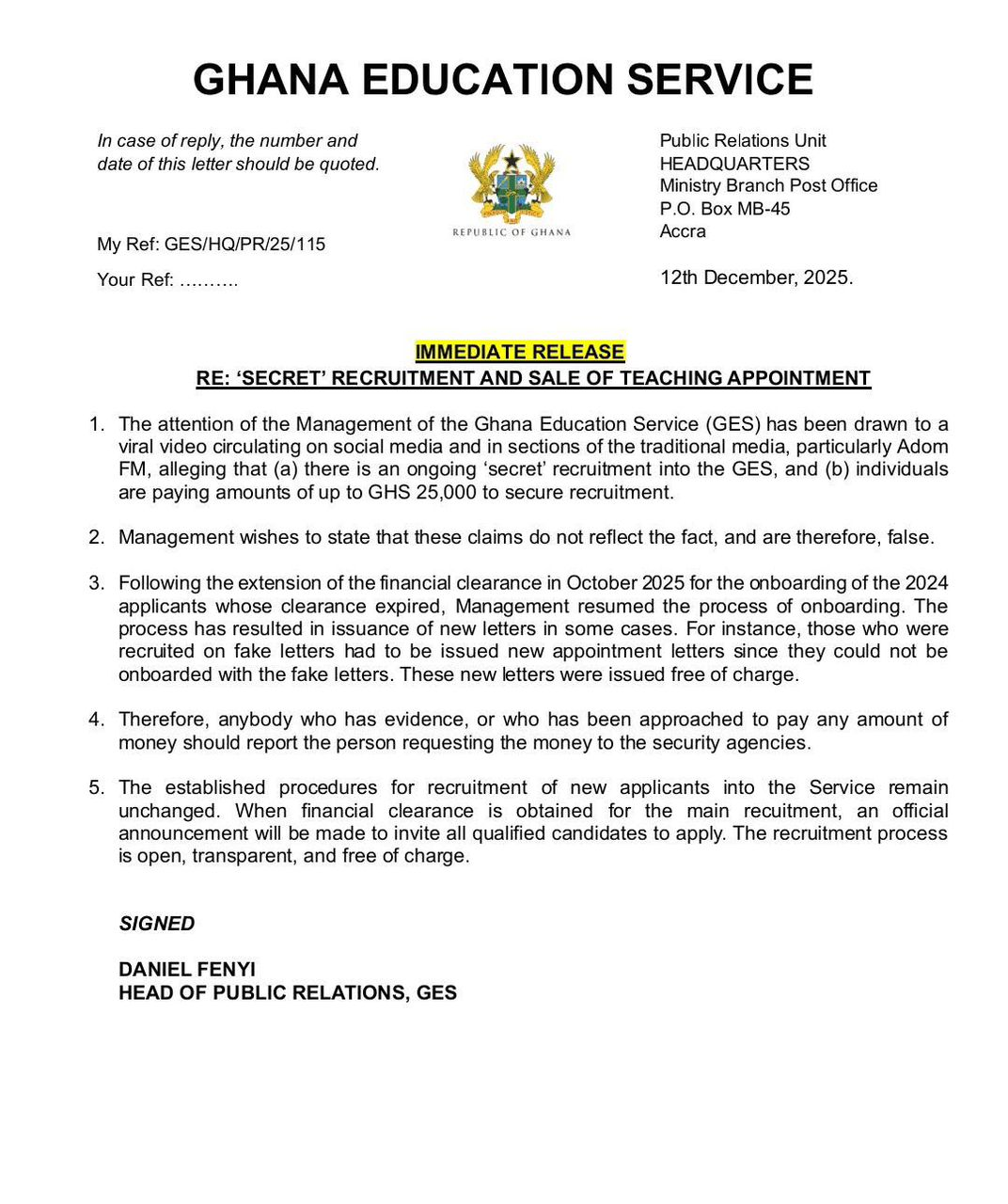 GES dismisses claims of ‘secret recruitment’ and bribery allegations