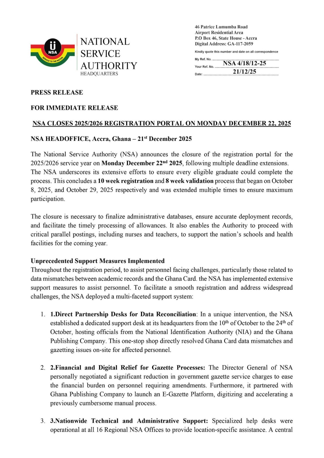 NSA to close registration portal for 2025/2026 National Service year NSA to close registration portal for 2025/2026 National Service year