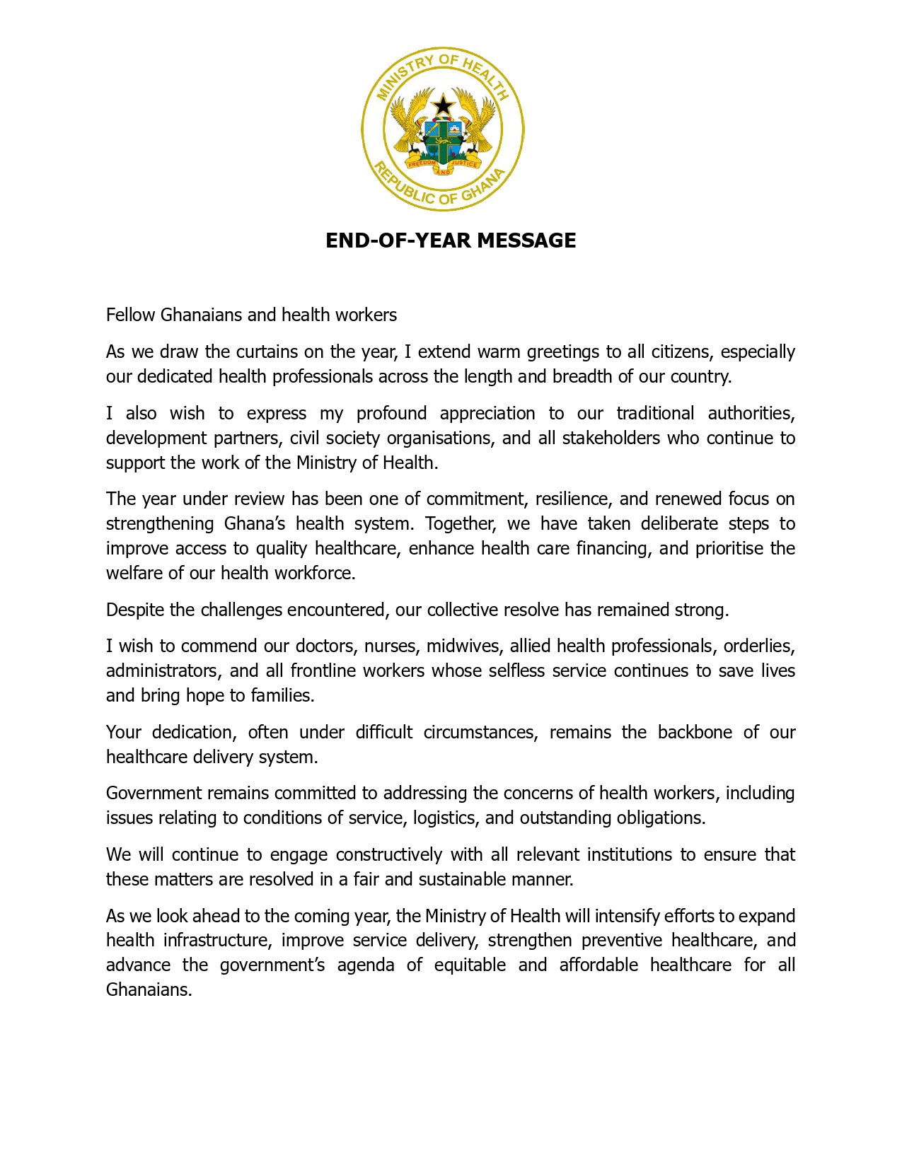 Health Minister commends workers, pledges stronger health system in end-of-year message Health Minister commends workers, pledges stronger health system in end-of-year message