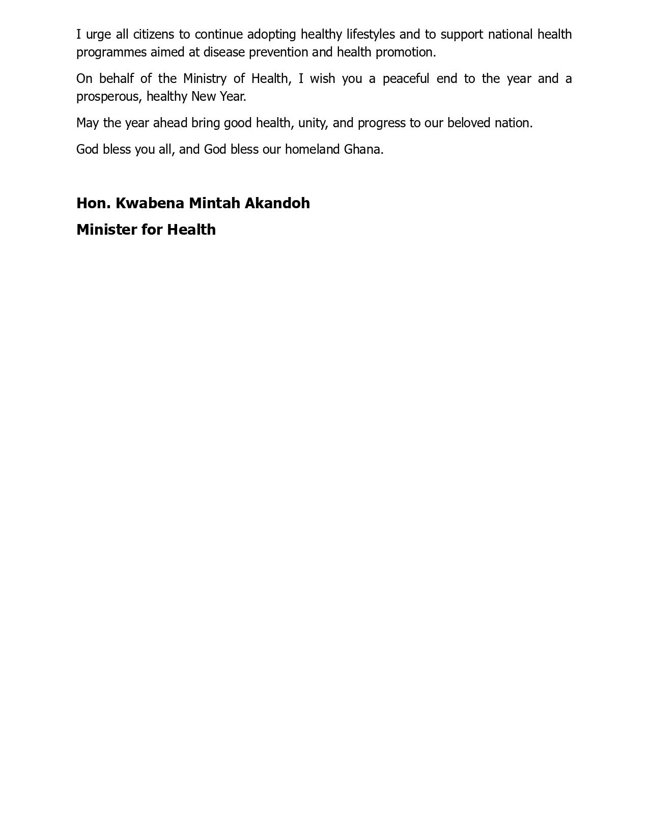 Health Minister commends workers, pledges stronger health system in end-of-year message Health Minister commends workers, pledges stronger health system in end-of-year message