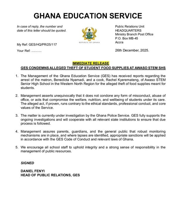 GES condemns alleged theft of food supplies at Awaso STEM SHS GES condemns alleged theft of food supplies at Awaso STEM SHS