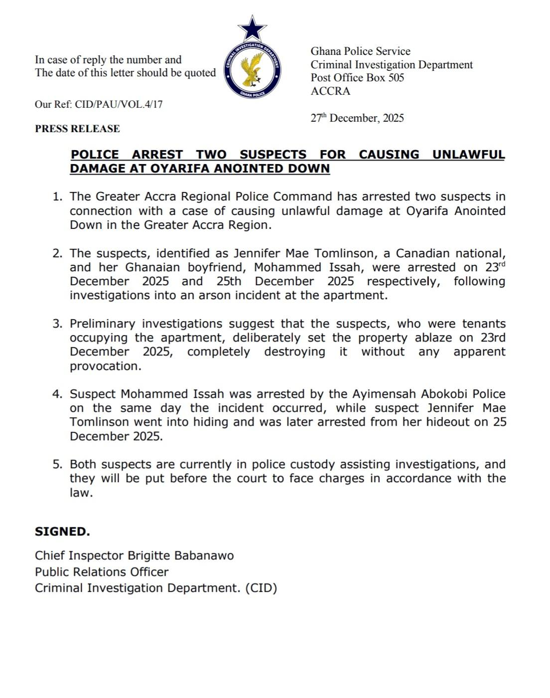 Canadian national and Ghanaian boyfriend arrested for alleged arson at Oyarifa