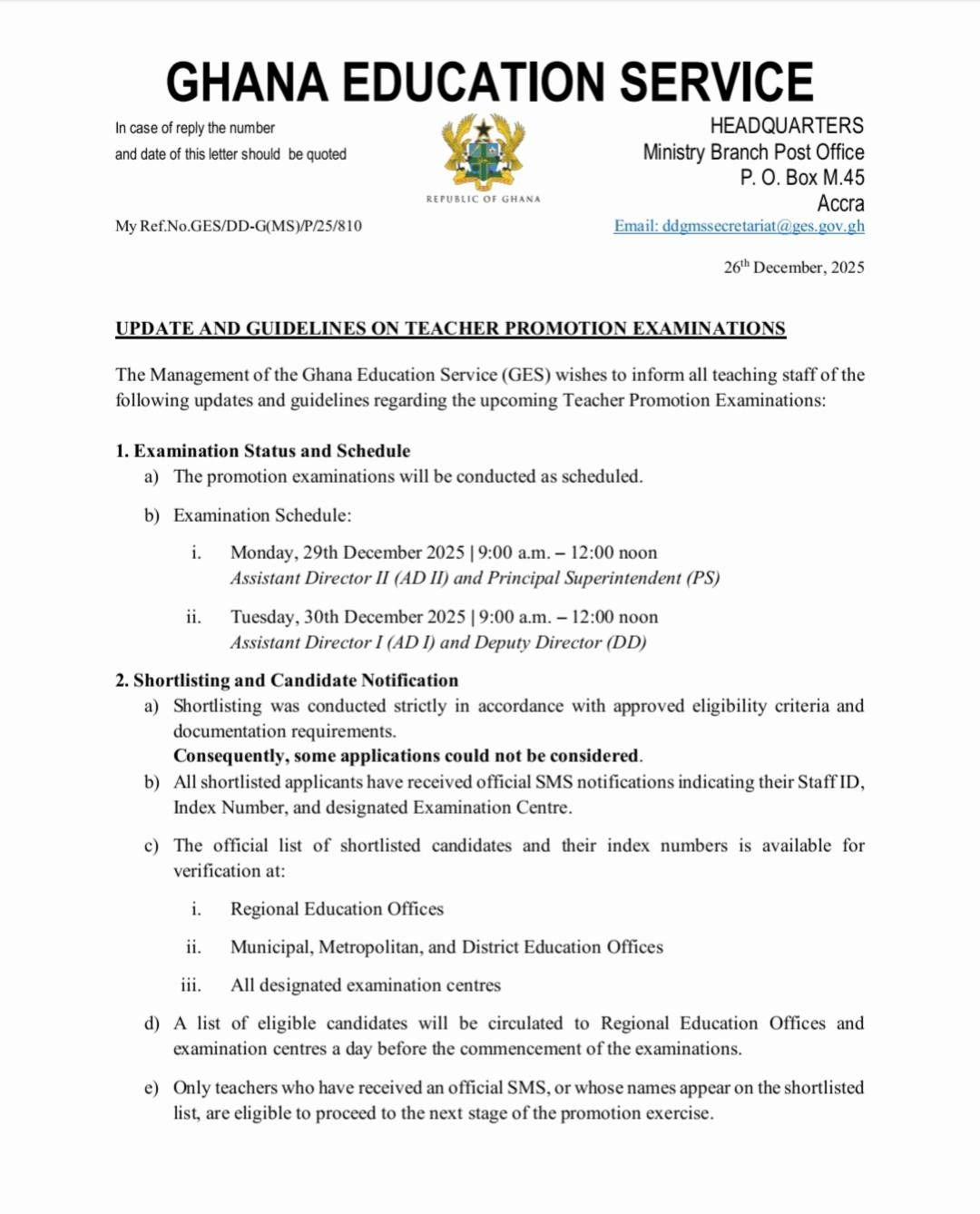 Only shortlisted teachers with index numbers eligible for GES promotion exams