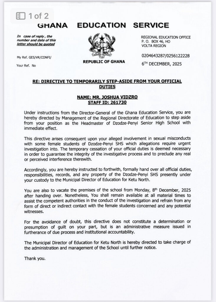 GES directs Dzodze-Penyi SHS Headmaster to step aside over alleged sexual misconduct
