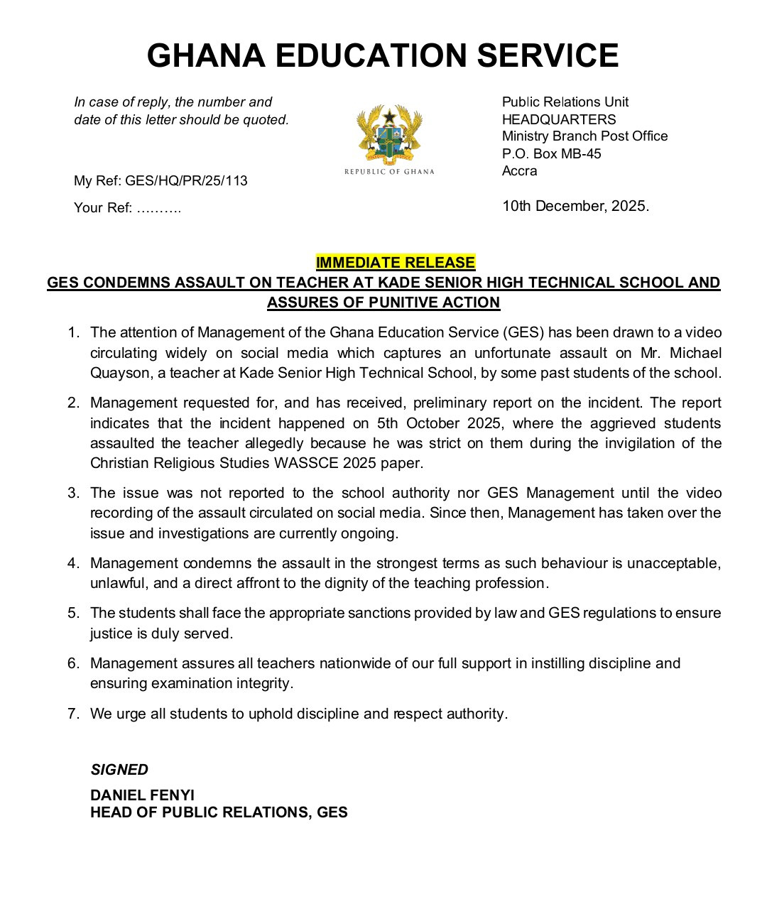 GES condemns assault on teacher at Kade SHTS, vows punitive action GES condemns assault on teacher at Kade SHTS, vows punitive action