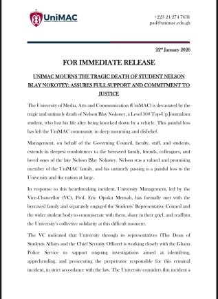 UniMAC mourns student killed in hit-and-run near South Legon campus