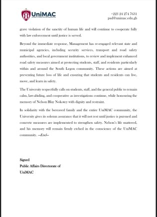 UniMAC mourns student killed in hit-and-run near South Legon campus