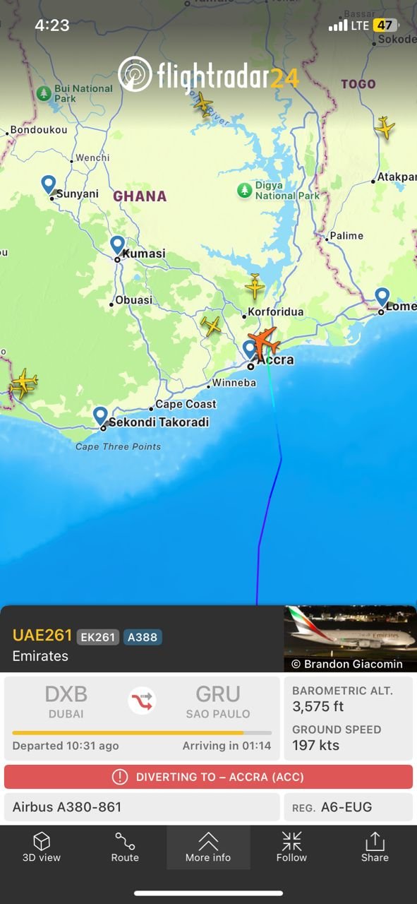 Emirates A380 diverts to Accra amid smoke alert in cargo hold