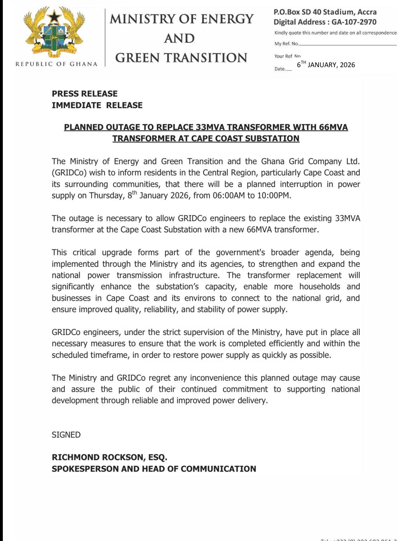 Planned power outage to hit Cape Coast on January 8 as GRIDCo upgrades transformer