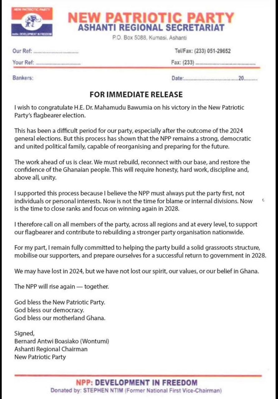 Wontumi congratulates Bawumia, urges NPP unity ahead of 2028