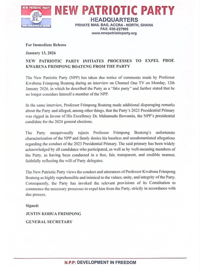 NPP initiates process to expel Prof Frimpong-Boateng over “fake party” comments NPP initiates process to expel Prof Frimpong-Boateng over “fake party” comments